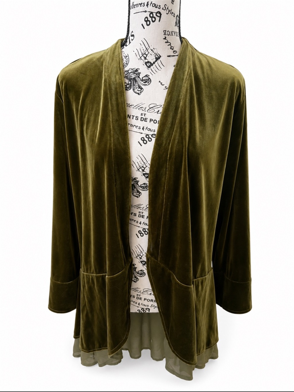 Olive Green Velvet Duster Cardigan Sheer Hem Boho Open Front No Size Tag